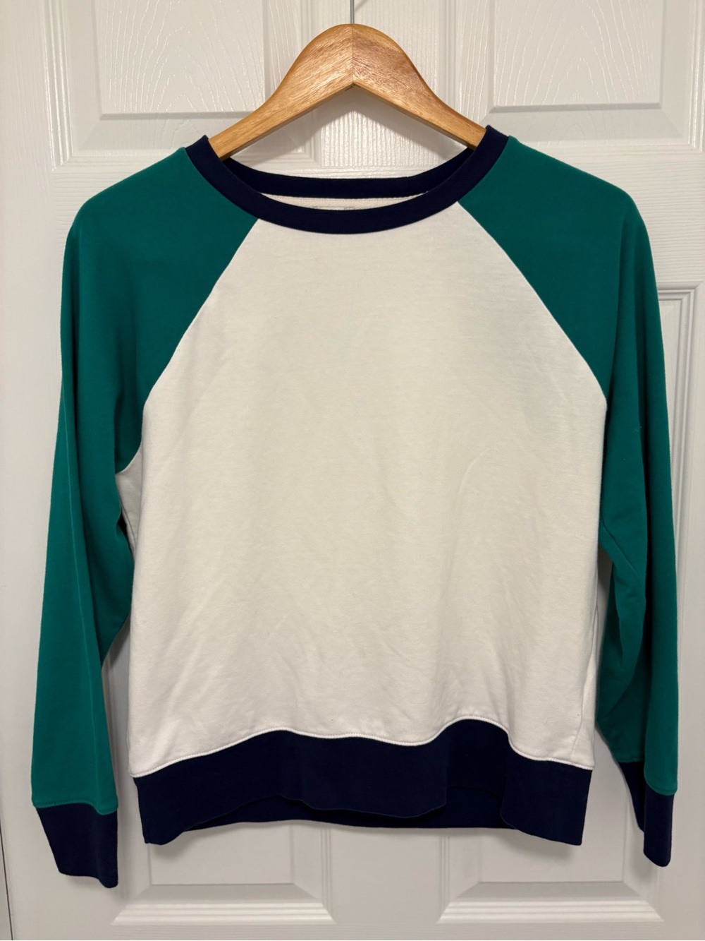 J. Crew Colorblock Raglan Crewneck Sweater in Cream, Green & Navy - Picture 4 of 5